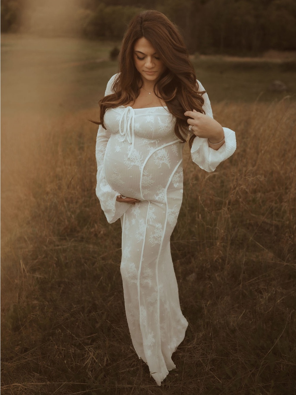 Maternity White Lace Square Neck Flare Sleeve Off Shoulder Body-con Maxi Dress